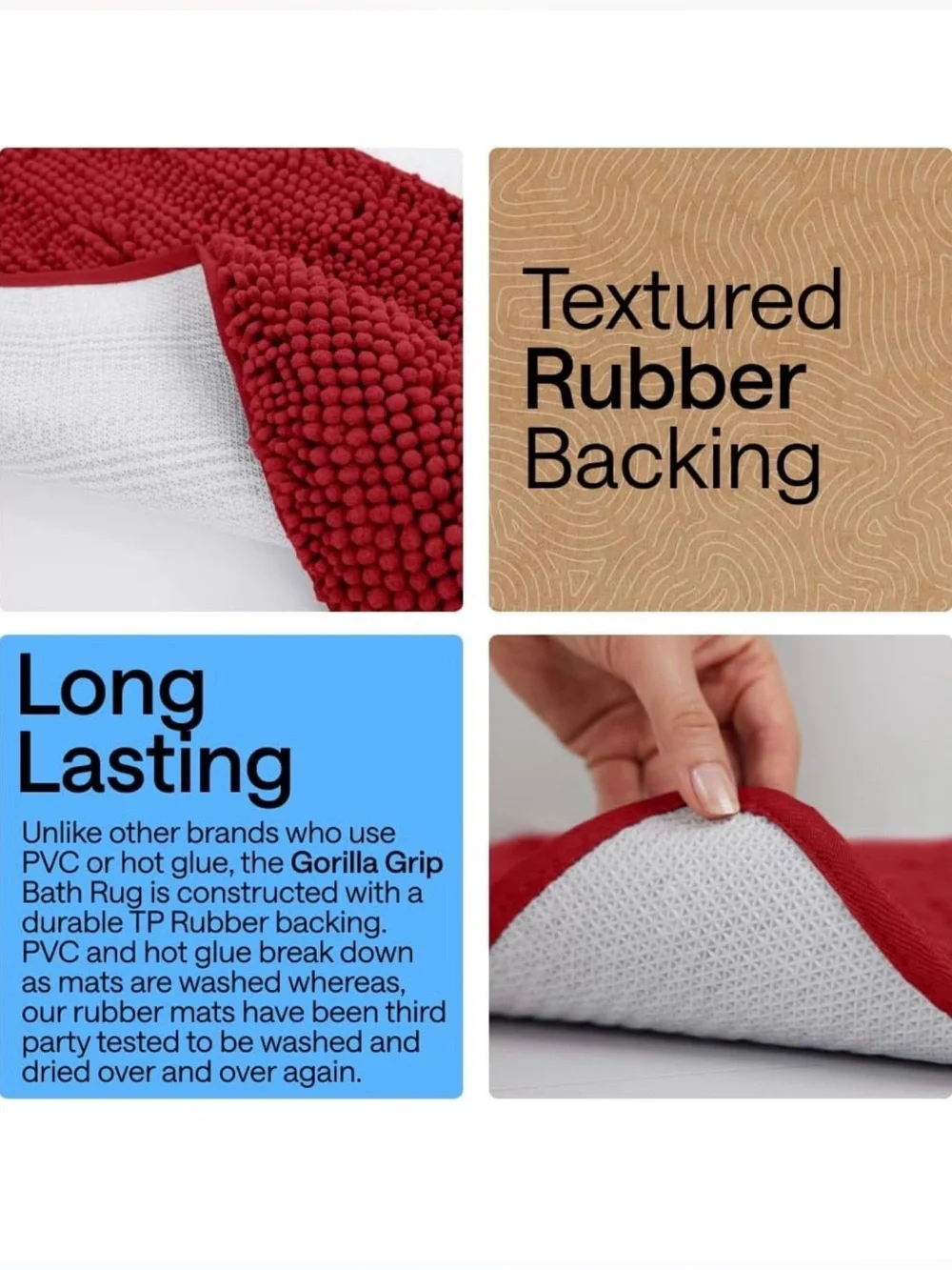 Gorilla Grip Red Chenille Bath Rug - Soft Non-Slip Bath Mat (30x20)
